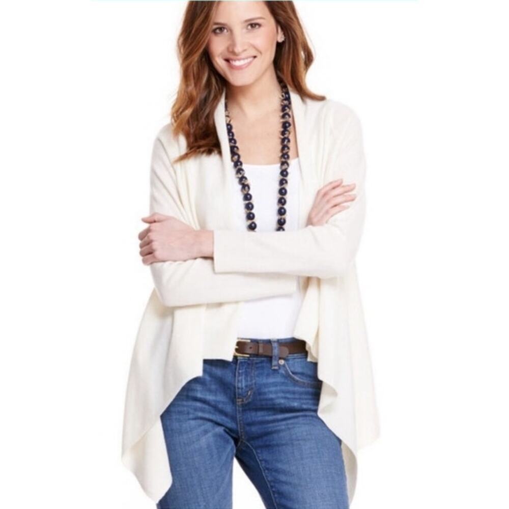 Vineyard Vines Cashmere Wool Cream Waterfall Multistitch Open Front Cardigan, XS